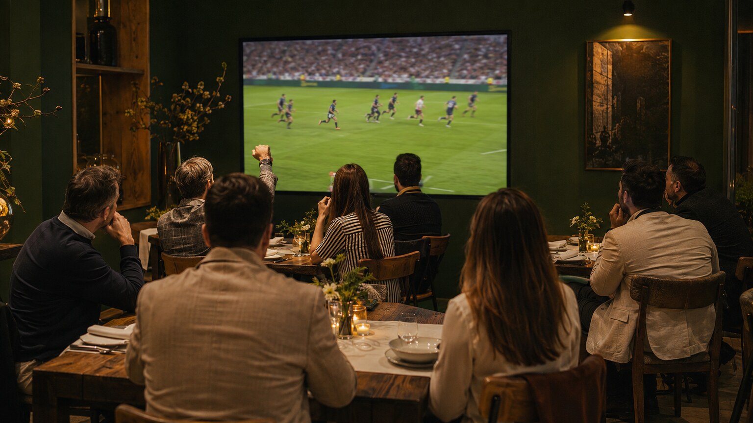 Vendégek sportközvetítést néznek egy nagy képernyőn éttermi asztalok mellől